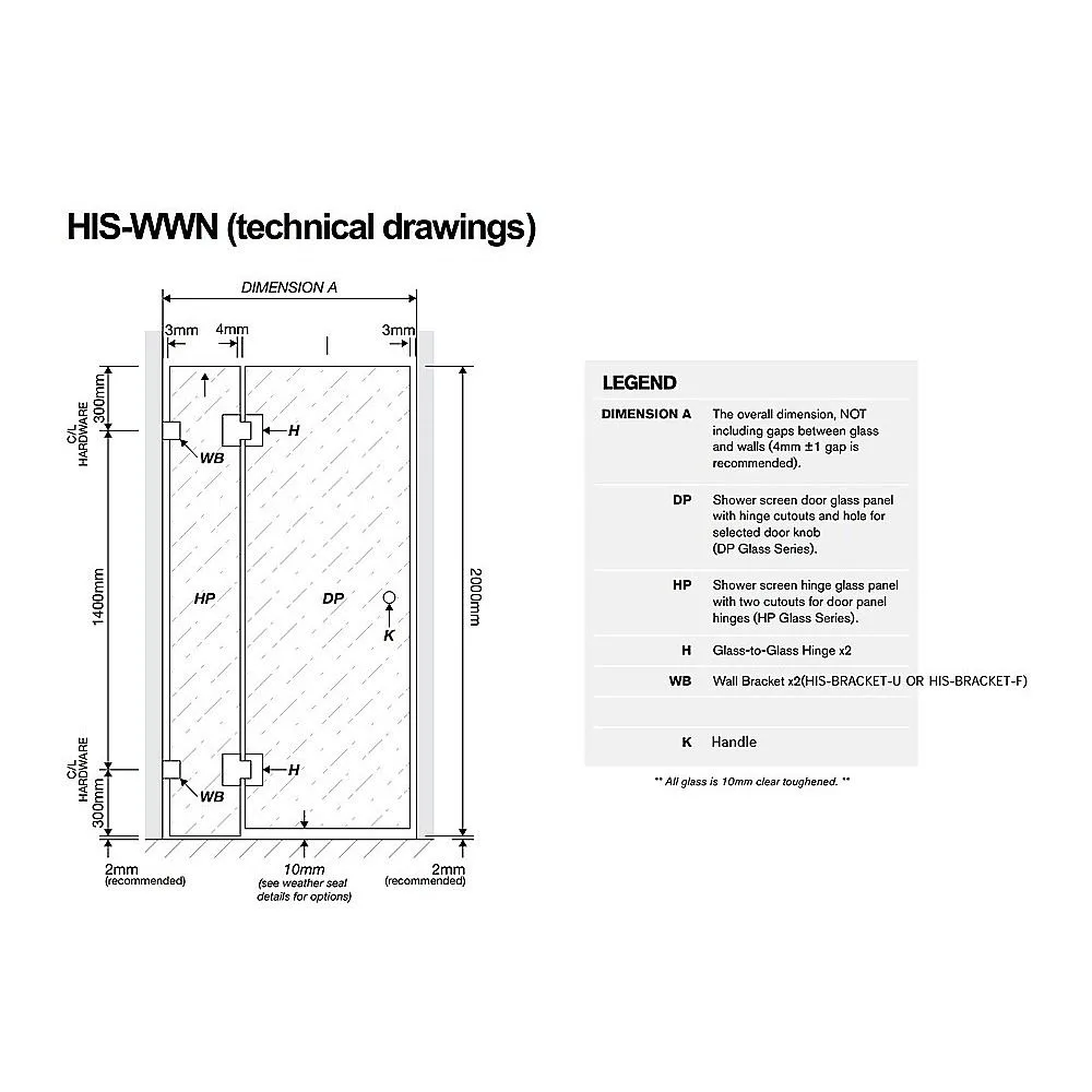 100x100cm Corner Frameless Shower Screen Wall Channel with Brass Hinges for Elegant Bathrooms
