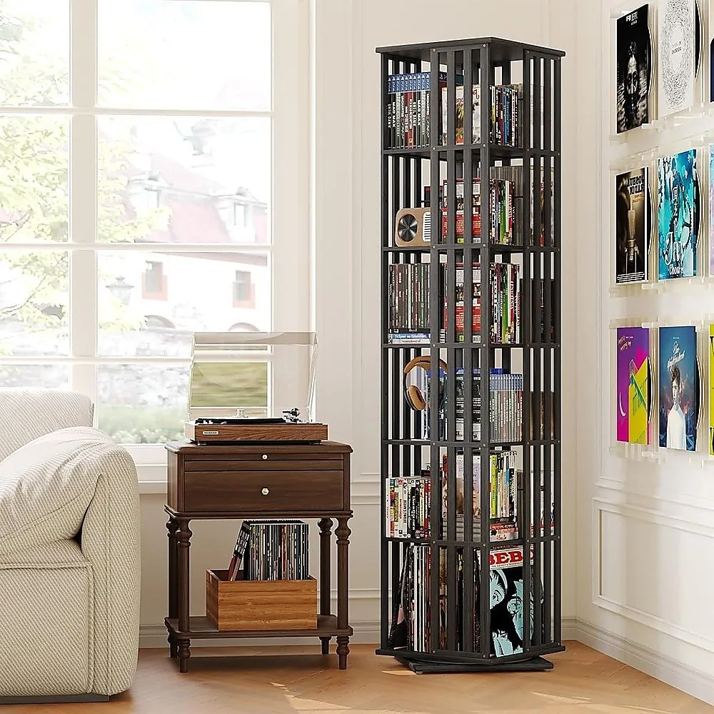 360 Rotating Bookshelf Bamboo Storage Display Rack Shelving