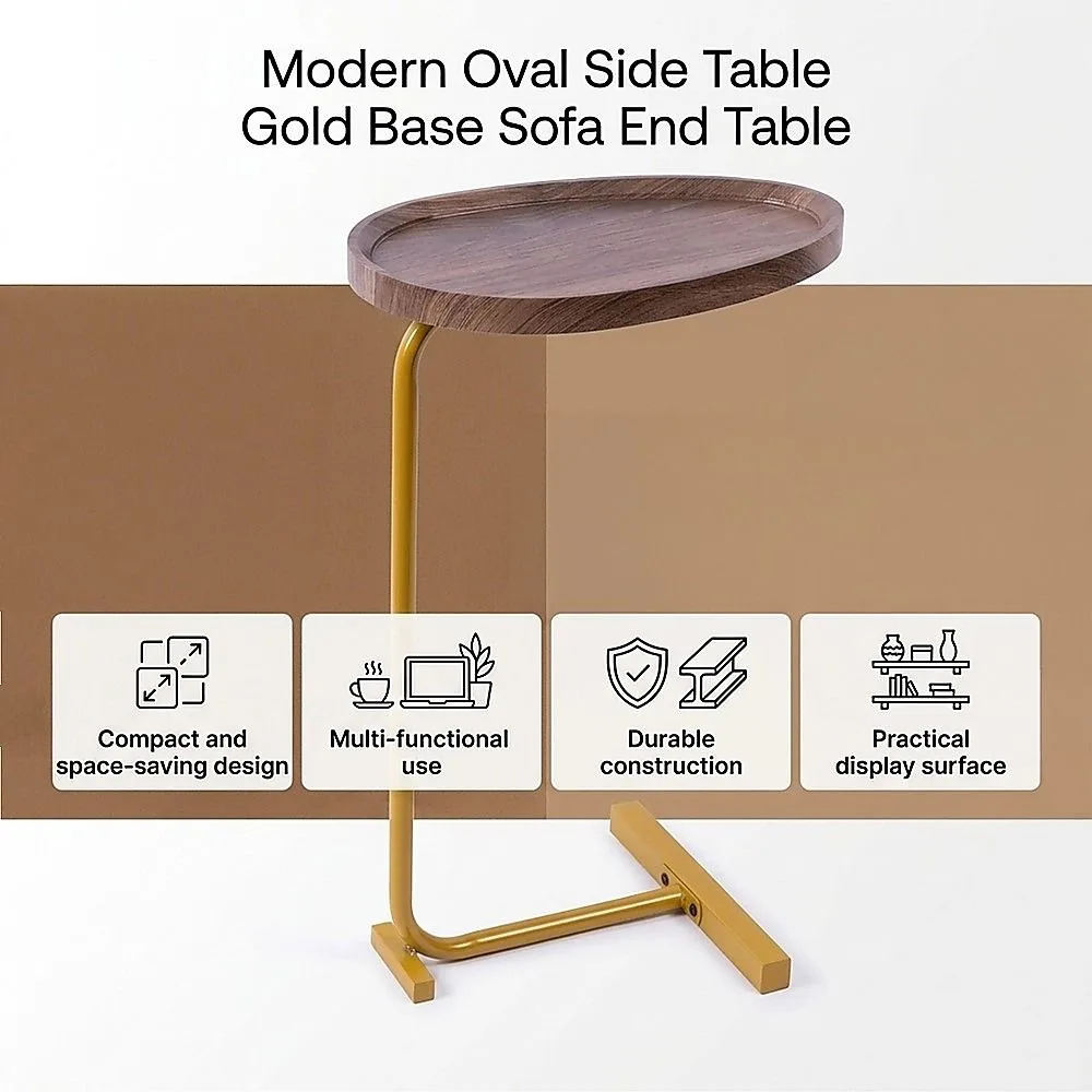 Modern Oval Side Table Gold Base Sofa End Table