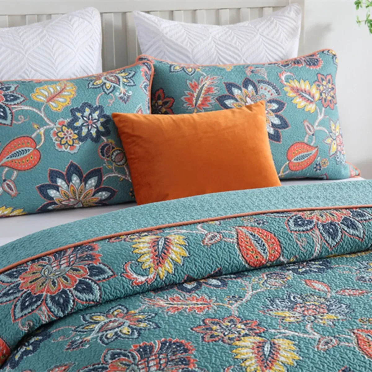100% Cotton Teal Floralia Garden Coverlet Bedspread Set