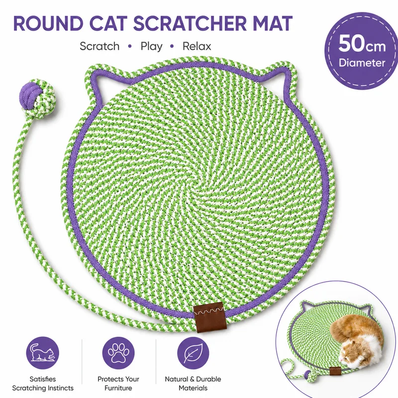 Durable Cat Scratching Mat with Attached Toy Ball - Washable and Multi-Functional, Ideal for Cats' Scratching and Sleeping - 50cm Diameter