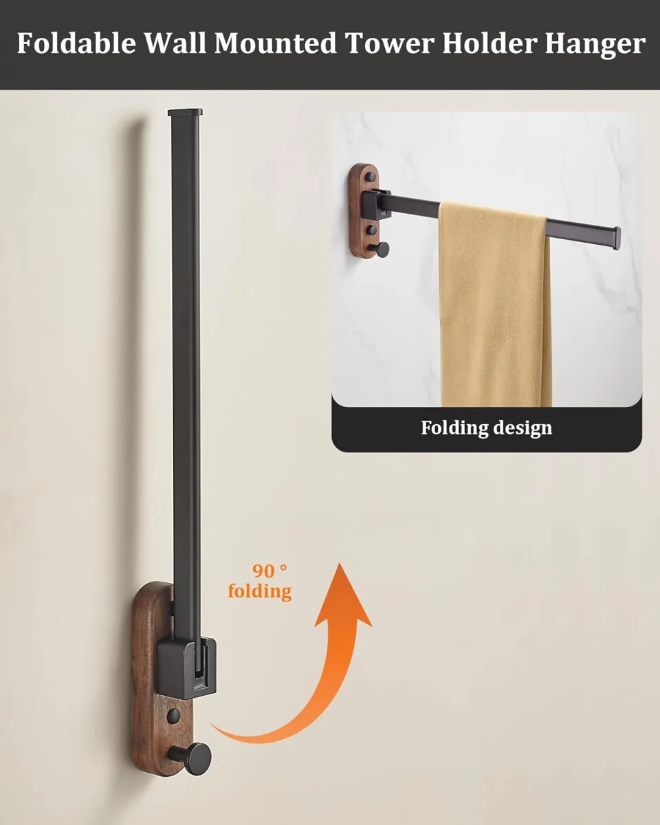 43CM Moisture Aluminum Folding Towel Rack Integrated Bottom Hook - 90° Folding White Beechwood Grain Wall-Mounted Drying Rod and Organize