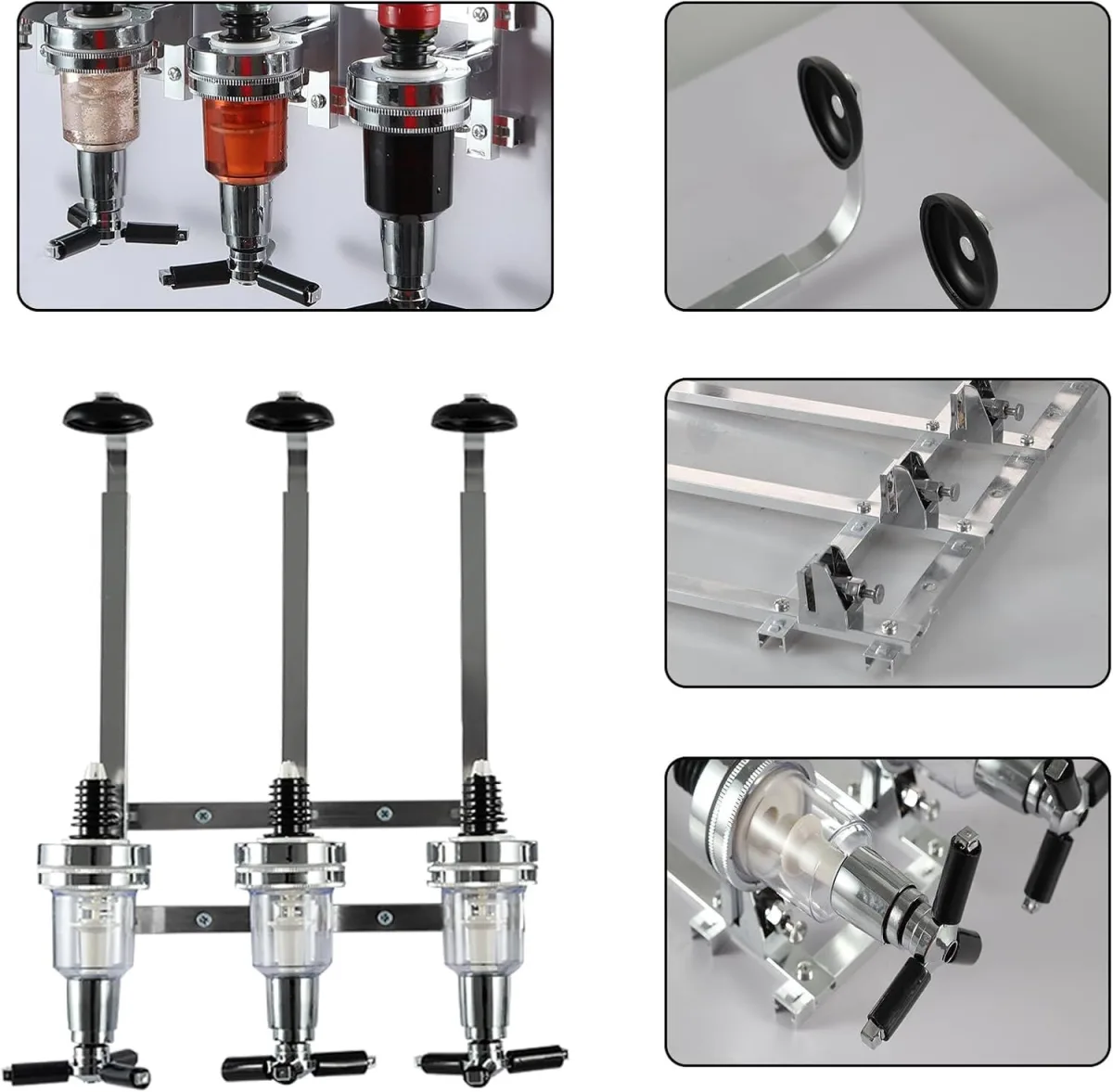 Professional Wall-Mounted Alcohol Tot Dispenser (4 Head) - Heavy Duty Adjustable Metal Wine Rack Decor with Spring-Loaded Bottle Holder