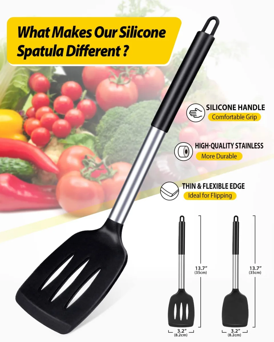 2-Piece Silicone Spatula Set Slotted Turner Solid Turner Stainless Steel Handle Heat Resistant Non-Stick Cookware Kitchen Utensils