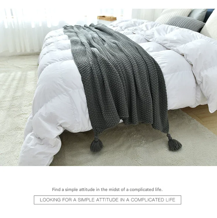Beige 110*150cm Nordic Style Tassel Knit Throw Blanket - Soft Polyester Sofa Blanket with Pineapple Texture - Breathable & Lightweight for Office, Couch, Travel - Boho Chic Home Decor
