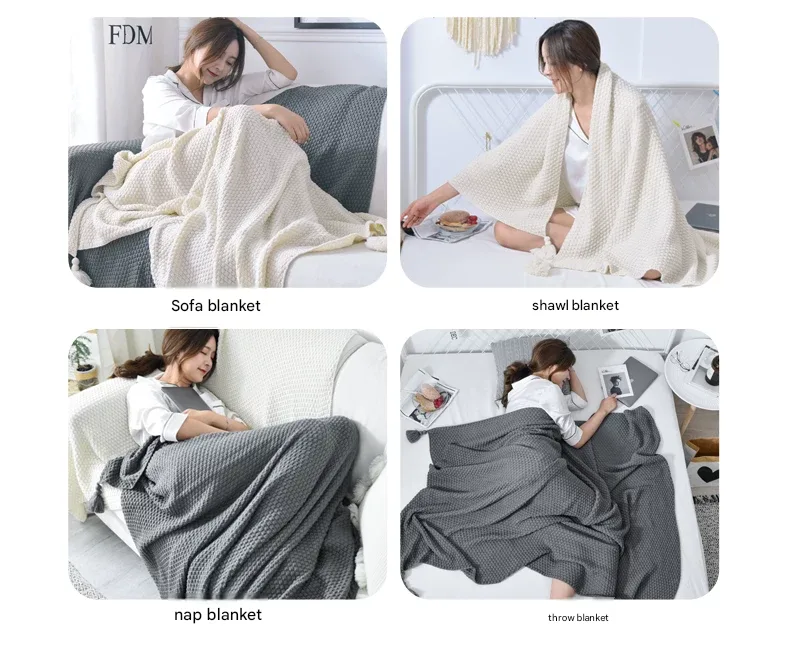 Beige 150*200cm Nordic Style Tassel Knit Throw Blanket - Soft Polyester Sofa Blanket with Pineapple Texture - Breathable & Lightweight for Office, Couch, Travel - Boho Chic Home Decor
