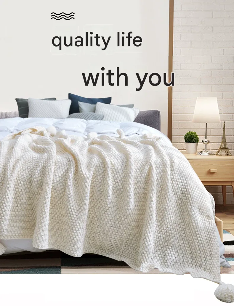 110*150cm Nordic Style Tassel Knit Throw Blanket - Soft Polyester Sofa Blanket with Pineapple Texture - Breathable & Lightweight for Office, Couch, Travel - Boho Chic Home Decor