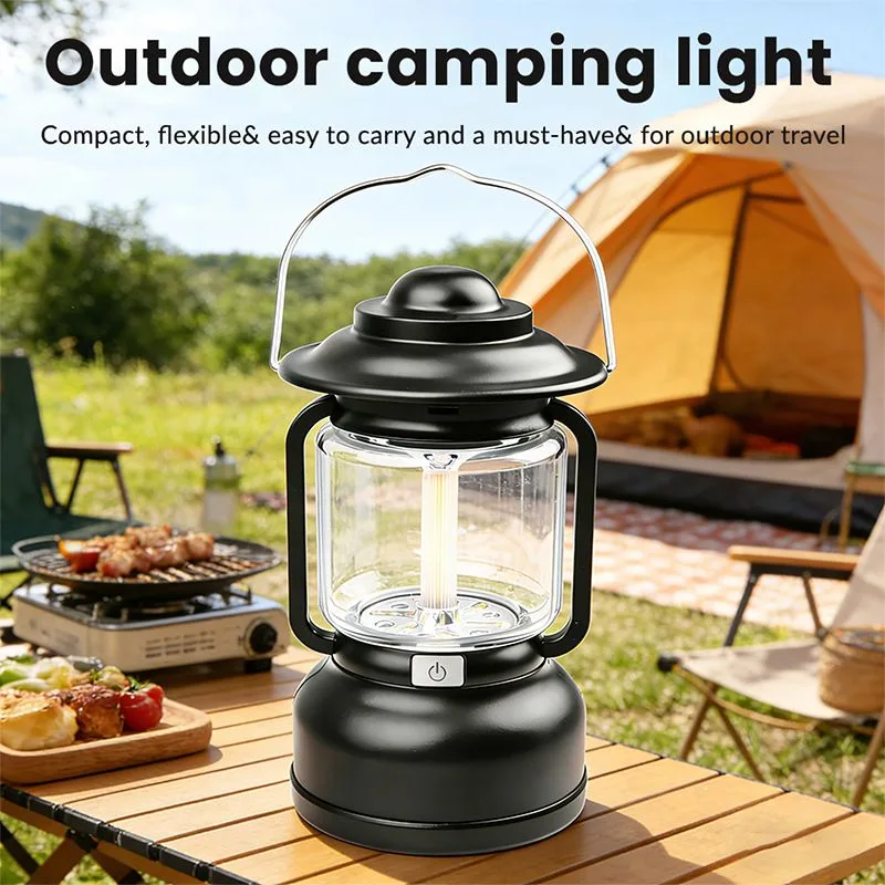 Vintage LED Outdoor Camping Lantern with Warm Ambient Light - 7 Lighting Modes, 24H Long Runtime, USB-C Rechargeable, Stepless Dimming and Hanging Tent Light
