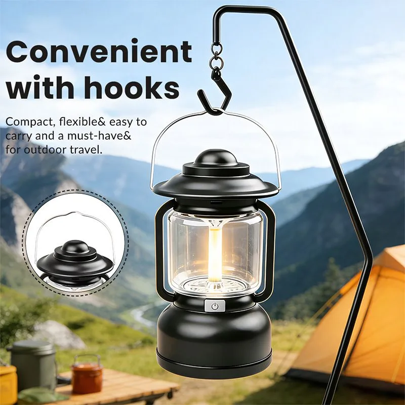 Vintage LED Outdoor Camping Lantern with Warm Ambient Light - 7 Lighting Modes, 24H Long Runtime, USB-C Rechargeable, Stepless Dimming and Hanging Tent Light