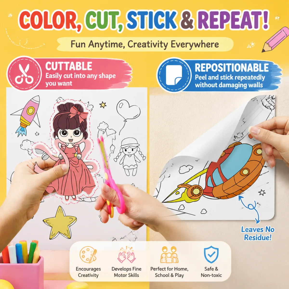 3M Extra Long Reusable Coloring Paper Roll, Daily Life Theme Self-Adhesive Wall Coloring Poster and DIY Cuttable Drawing Craft Paper Scroll with Gift Box