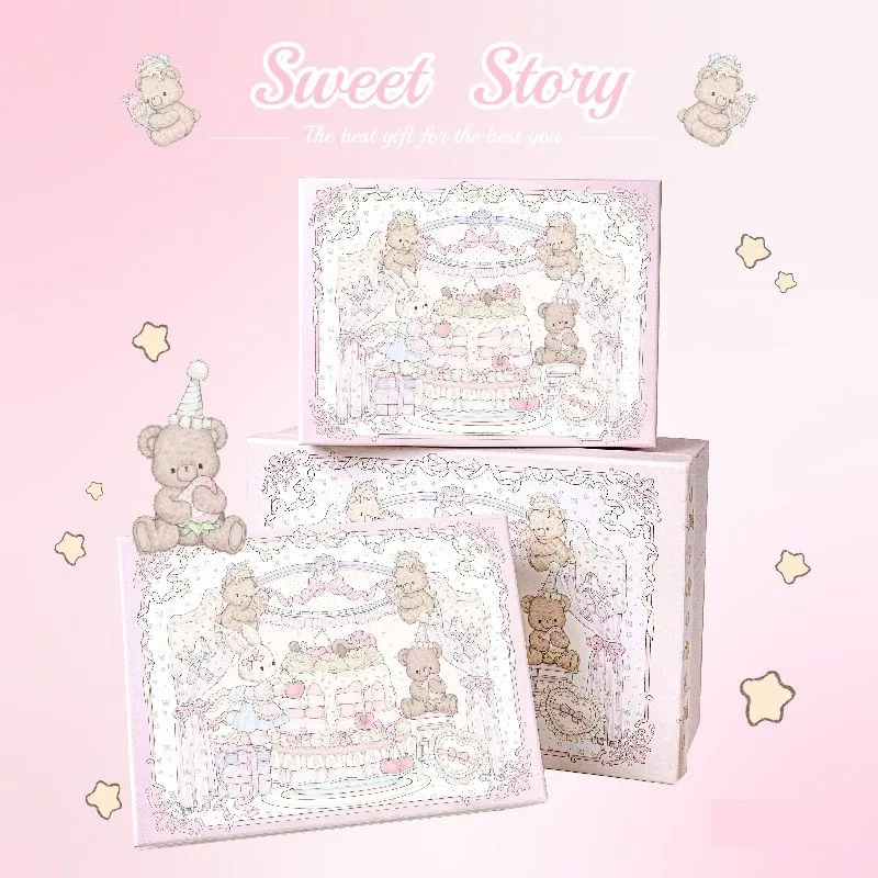 Pink Sweet Story Large Gift Box with Lid set-Includes Raffia and Gift Bag- Cute Birthday Present Packaging Storage Box for Gifts, Keepsakes and Home Organisation