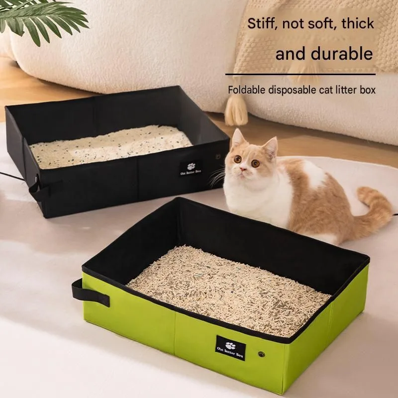 Travel Friendly Pet Toilet Kit - Green Portable Cat Litter Box and Yellow Scoop Set - Foldable Oxford Fabric Tray with Waterproof Liner, PP Fine Mesh Scoop for Tofu and Clumping Litter,Suitable for travel and outdoor use