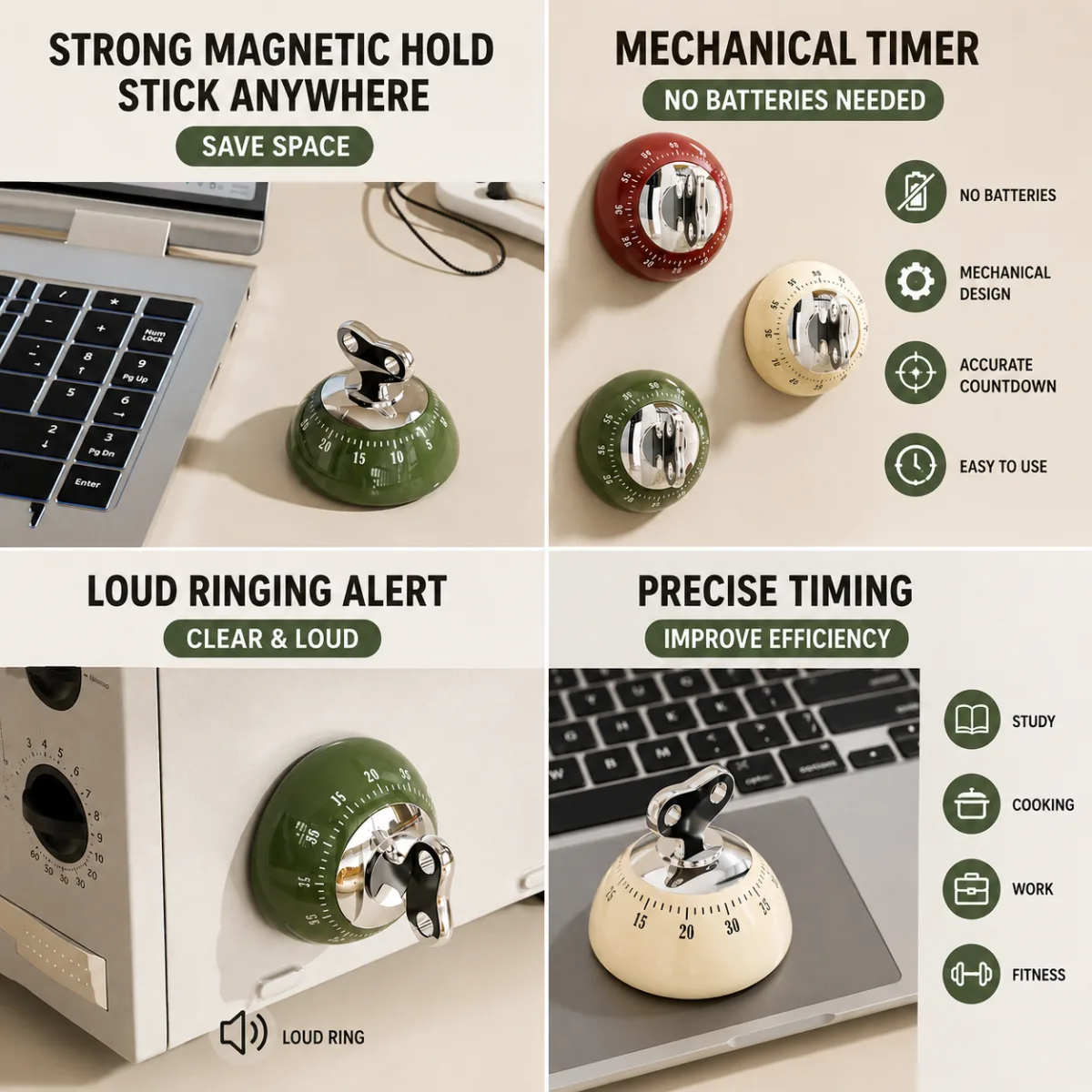 60-Minute Magnetic Mechanical Kitchen Timer Countdown Clock for Cooking, Study, Productivity and Time Management