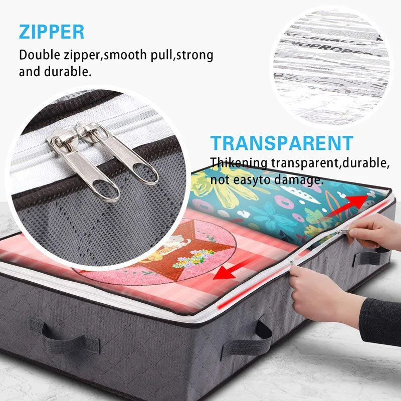 2 Pack Folding Non-Woven Underbed Storage Containers with Clear Top Zipper Lid & 4 Reinforced Handles
