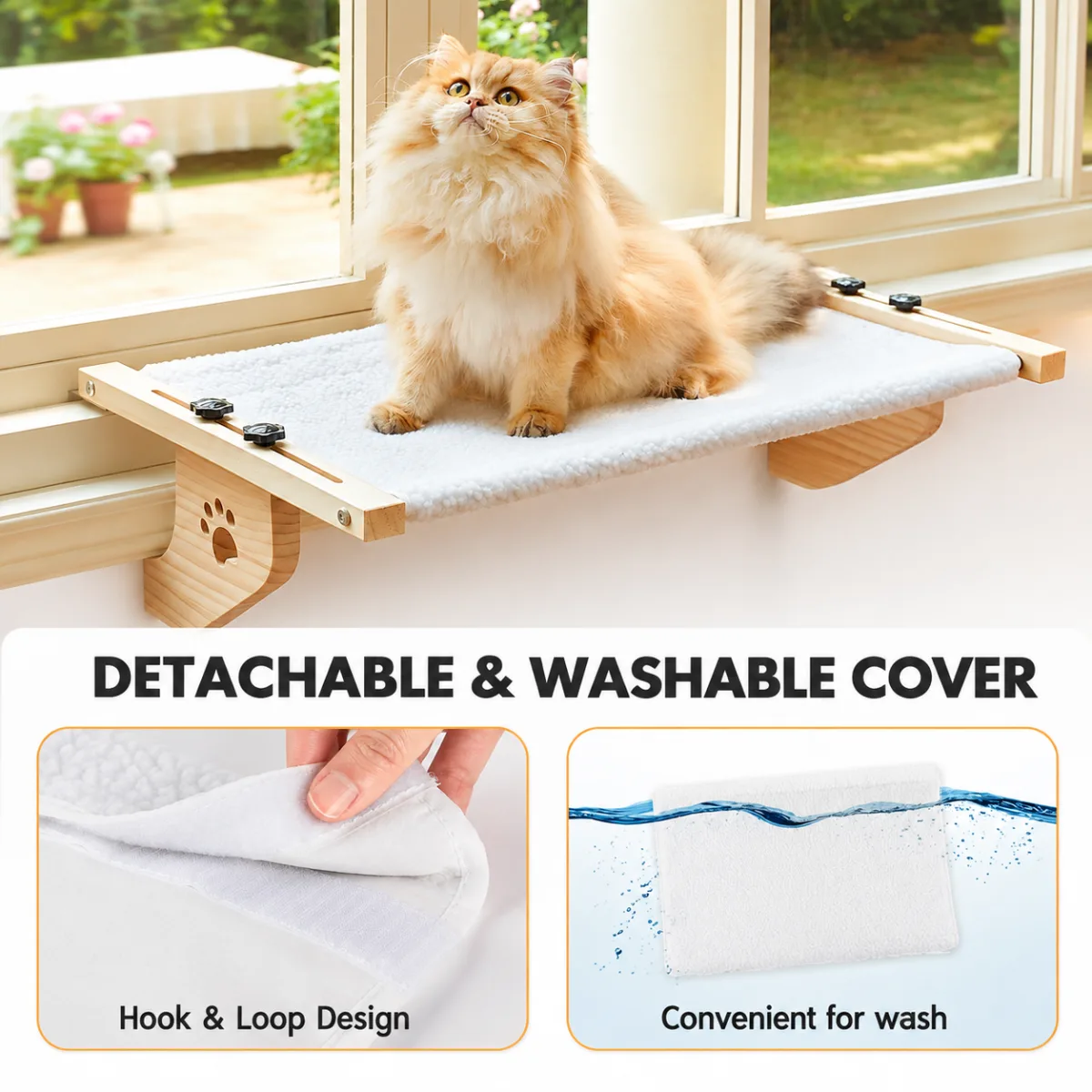 24.4 x 15" Cat Window Perch Hammock with Removable Washable Fleece Cover - Widely Adjustable Frame to Fit Various Window
