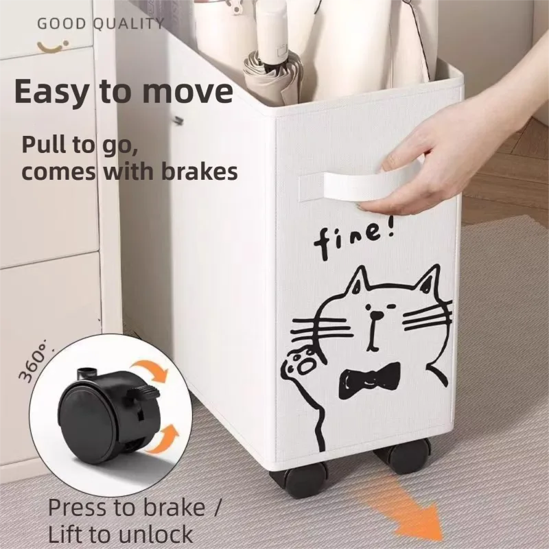 2 Pack Rolling Oxford Fabric Storage Basket with Wheels (Black + White Cat) - 28L Slim Underdesk Storage Bin & Collapsible Laundry Hamper for Office Dorm & Home