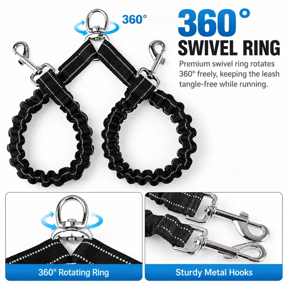 2 Packs No-Tangle Dual Dog Leash Splitter (2.5 x 80 CM) - Heavy Duty Reflective Nylon Bungee Double Dog Coupler