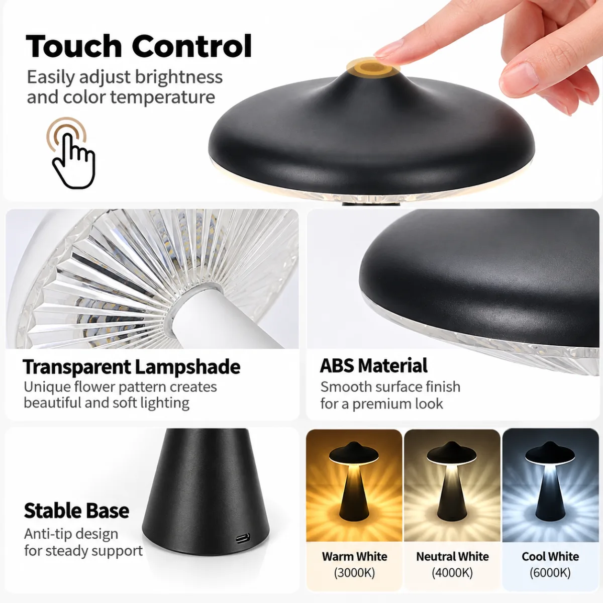 Retro Mushroom Touch Control Table Lamp - TypeC Rechargeable UFO Style LED Bedside Light with Stepless Dimming & 3 Colour Temperatures for Bedroom and Desk