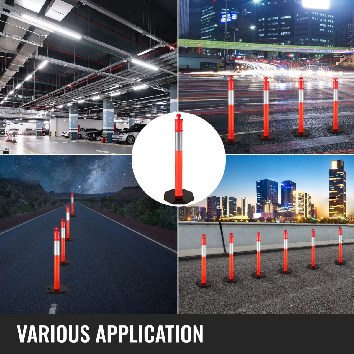 6Pack Traffic Delineator Posts 44 Inch Height, PE Delineator Cones Post Kit 10 inch Reflective Band, Delineators Post with Rubber Base 16 inch for Construction Sites, Facility Management etc.