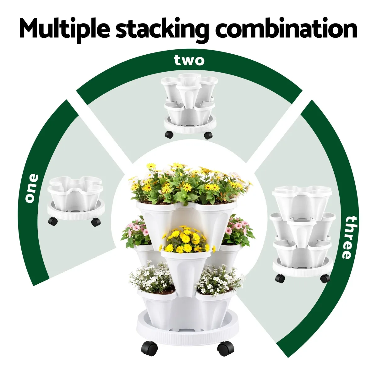 Green Fingers 3 Tier Stackable Vertical Planter Tower Strawberry Pot Wheels