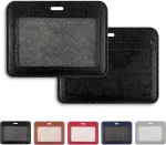 1 Pcs Leather ID Badge Holder - Horizontal, Black, Multiple Card Slots for Offices, Staff, Students, Employees