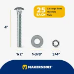 1/2″ x 4″ (25 Pack) Zinc Carriage Bolt Kit, Grade 307A by Makers Bolt