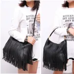 Chic Black Double Fringe Hobo Bag – Convertible Microfiber Leather Shoulder & Crossbody Purse