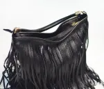 Chic Black Double Fringe Hobo Bag – Convertible Microfiber Leather Shoulder & Crossbody Purse