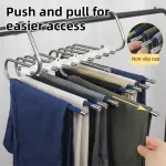 5-Layers Stainless Steel Pants Rack with Horizontal / Vertical Modes and Expandable Pull-Out Rods – High-Load Folding Magic Hanger – Silver