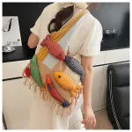 handbag strap Knitted Patchwork Tote Bag – Spacious, Fringed, Single-Shoulder Design – Green