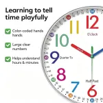 30 cm Children’s Educational Wall Clock, Silent Color-Coded Learn-to-Tell-Time Clock