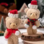 Brown Fluffy Christmas Bear with Pointed Hat and Red & Green Scarf, Cute Desktop Ornament for Xmas Scene Decoration and Tiny Festival Gifts