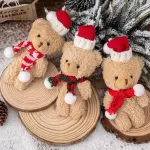 Brown Fluffy Christmas Bear with Pointed Hat and Red & Green Scarf, Cute Desktop Ornament for Xmas Scene Decoration and Tiny Festival Gifts