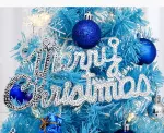 45cm Blue Mini Christmas Tree Set | Includes Star Topper, Letter Sign, Ornament Balls & Snowflake Decorations, Fresh & Dreamy Desktop Holiday Décor (Lighted Version: LED Battery Warm Light Lamp)