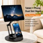 Aluminum Alloy Dual Device Stand for Phone Tablet, 360° Silent Rotation, Weighted Base 2KG Capacity, Hollow Heat Dissipation, Anti-Slip Silicone, Foldable Portable – Silver