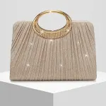 [Pleated Sparkle Evening Bag] ​ Metal Ring Handle, Magnetic Snap Closure, Horizontal Square Polyester Clutch, Essential Elegant Accessory for Weddings & Parties. – Black