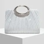 [Pleated Sparkle Evening Bag] ​ Metal Ring Handle, Magnetic Snap Closure, Horizontal Square Polyester Clutch, Essential Elegant Accessory for Weddings & Parties. – Black