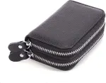 Black RFID Blocking Leather Wallet with Double Zipper and Coin Compartment