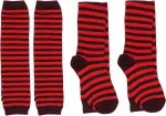 1 Set Black and Red Striped Arm Warmers and Knee Socks, Fingerless Knit Gloves