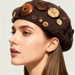 Women’s Wool Blend Felt Beret Hat with Retro Button Detail, Fall Winter Fashion Artistic Cap Korean Style