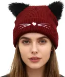 Knit Beanie with Cute Plush Cat Ear Embroidery for Women Girls, Winter Thick Warm Hats Fashion Accessory