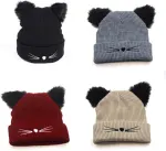 Knit Beanie with Cute Plush Cat Ear Embroidery for Women Girls, Winter Thick Warm Hats Fashion Accessory