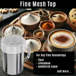[2-pcs] 14 oz Powdered Sugar Shakers + [1-pc] 10 oz Stainless Steel Salt Pepper Dredge Shaker – All with Plastic Caps and Handles Bundle