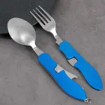 Folding Camping Cutlery Set, Multi Function Stainless Steel Spoon Fork Combo for Picnic Hiking Travel Backpacking-Blue