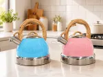 2.9L Whistling Kettle Stainless Steel Foldable Handle Camping Home Office – Pink