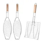 Barbecue Net Clamp Iron Wire Mesh with Wooden Handle for Camping Grill – 43x15cm