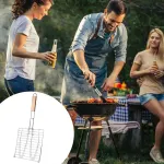 Barbecue Net Clamp Iron Wire Mesh with Wooden Handle for Camping Grill – 43x15cm