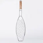Barbecue Net Clamp Iron Wire Mesh with Wooden Handle for Camping Grill – 43x15cm