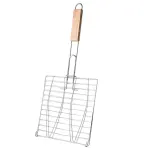 Barbecue Net Clamp Iron Wire Mesh with Wooden Handle for Camping Grill - 24x24cm
