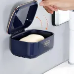 Household Wall Mounted Soap Box With Lid Drainage Non Punch Bathroom Storage Box – Blue